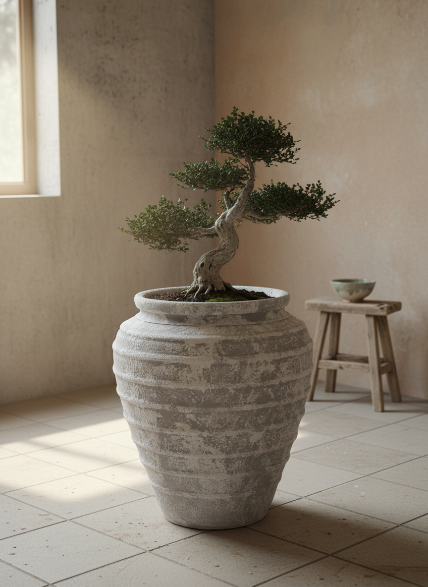 Jardinière rustique en terre cuite blanchie, à texture côtelée et silhouette arrondie