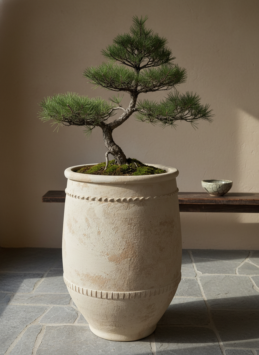 Pot en terre cuite crème rustique à texture vieillie et bandes décoratives