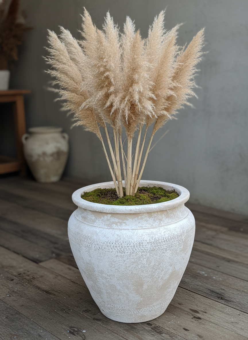 Pot en terre cuite beige rustique à surface texturée et silhouette arrondie