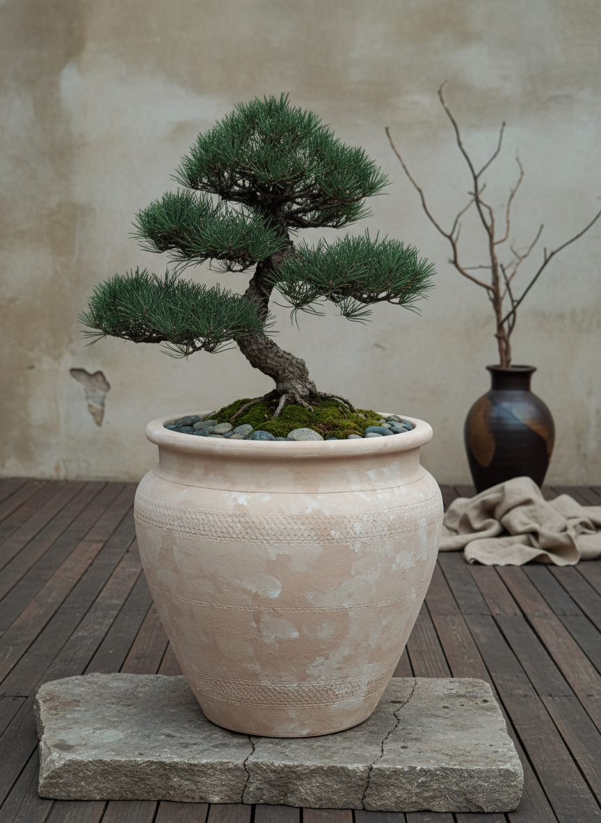 Pot de fleurs rustique en terre cuite naturelle avec bandes texturées et rebord