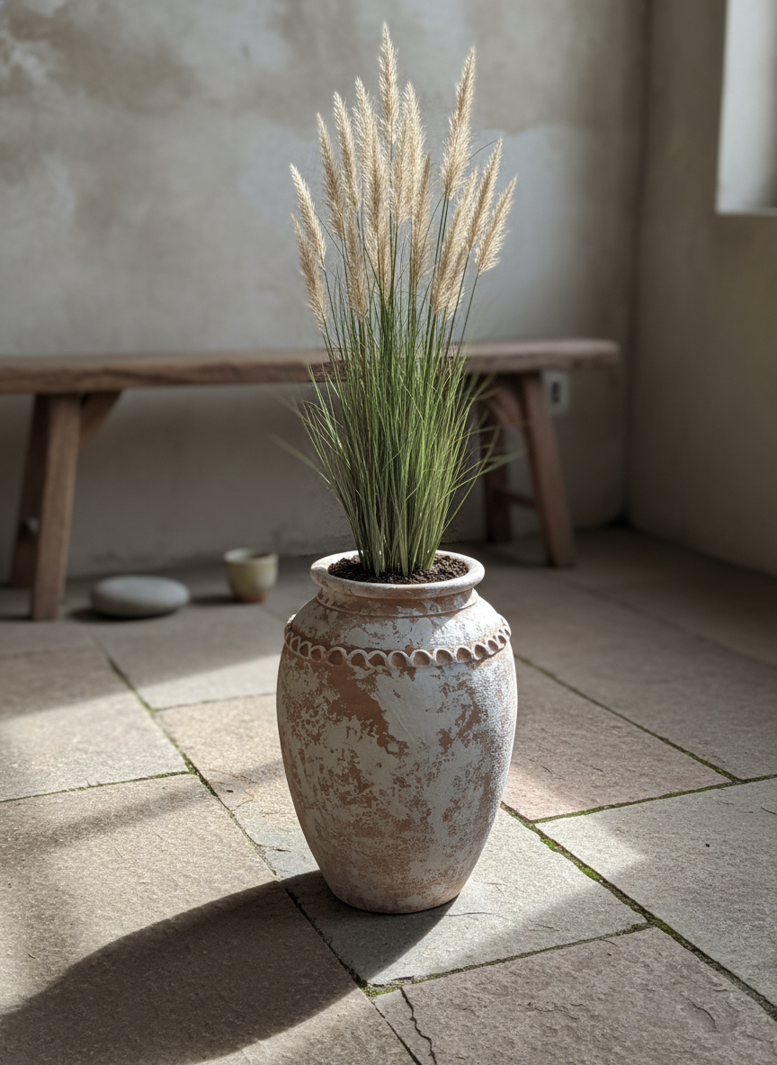 Pot en terre cuite rustique blanchi, à corps arrondi et bord décoratif