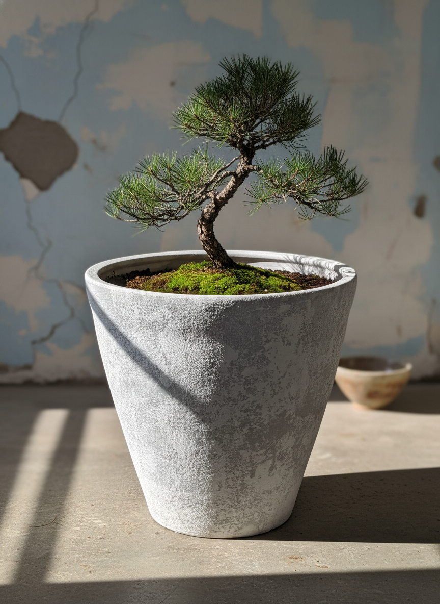 Pot en terre cuite gris clair rustique à finition texturée et forme effilée