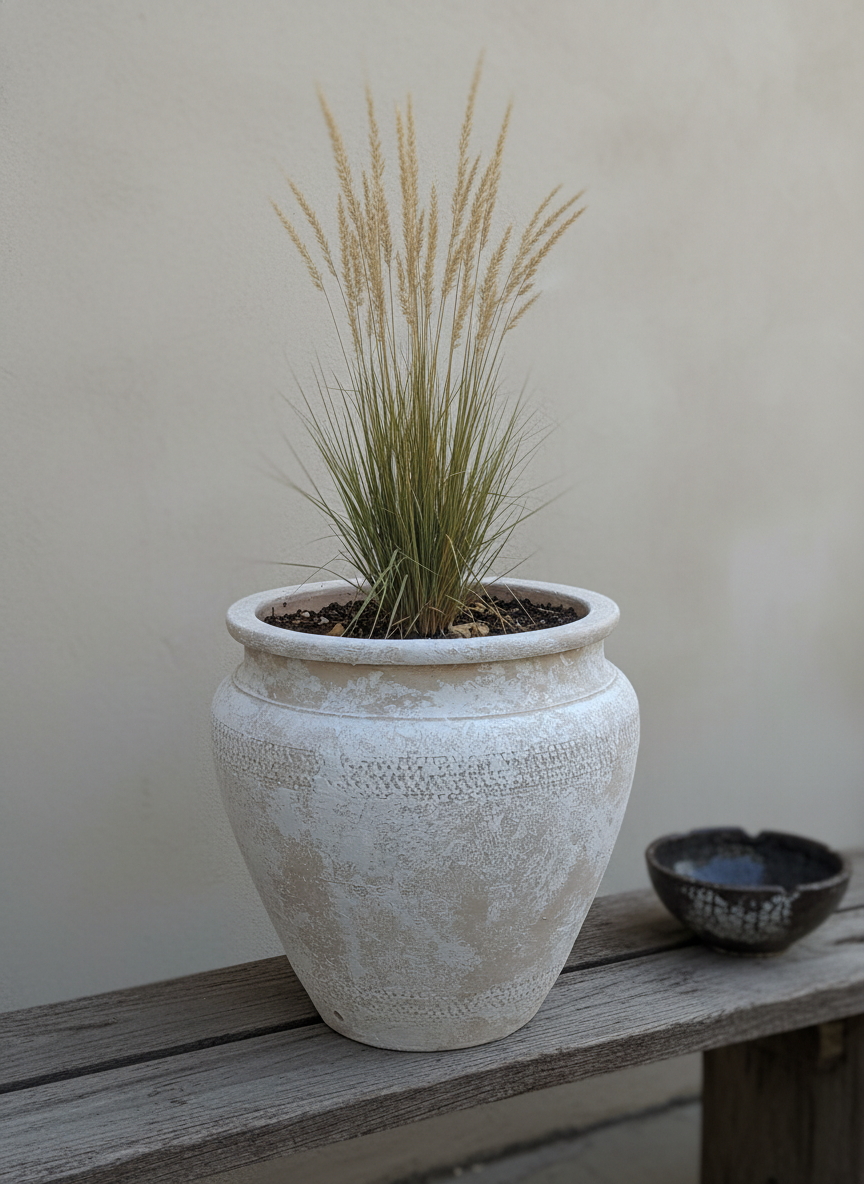 Pot en terre cuite beige rustique à surface texturée et silhouette arrondie
