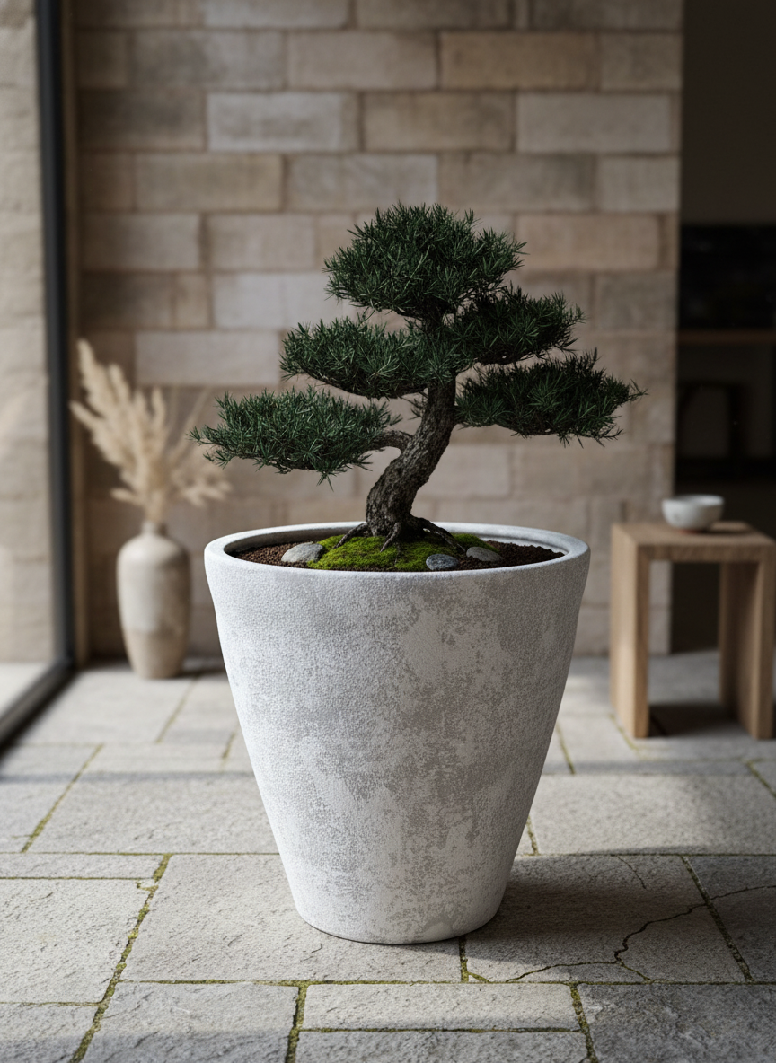 Pot en terre cuite gris clair rustique à finition texturée et forme effilée