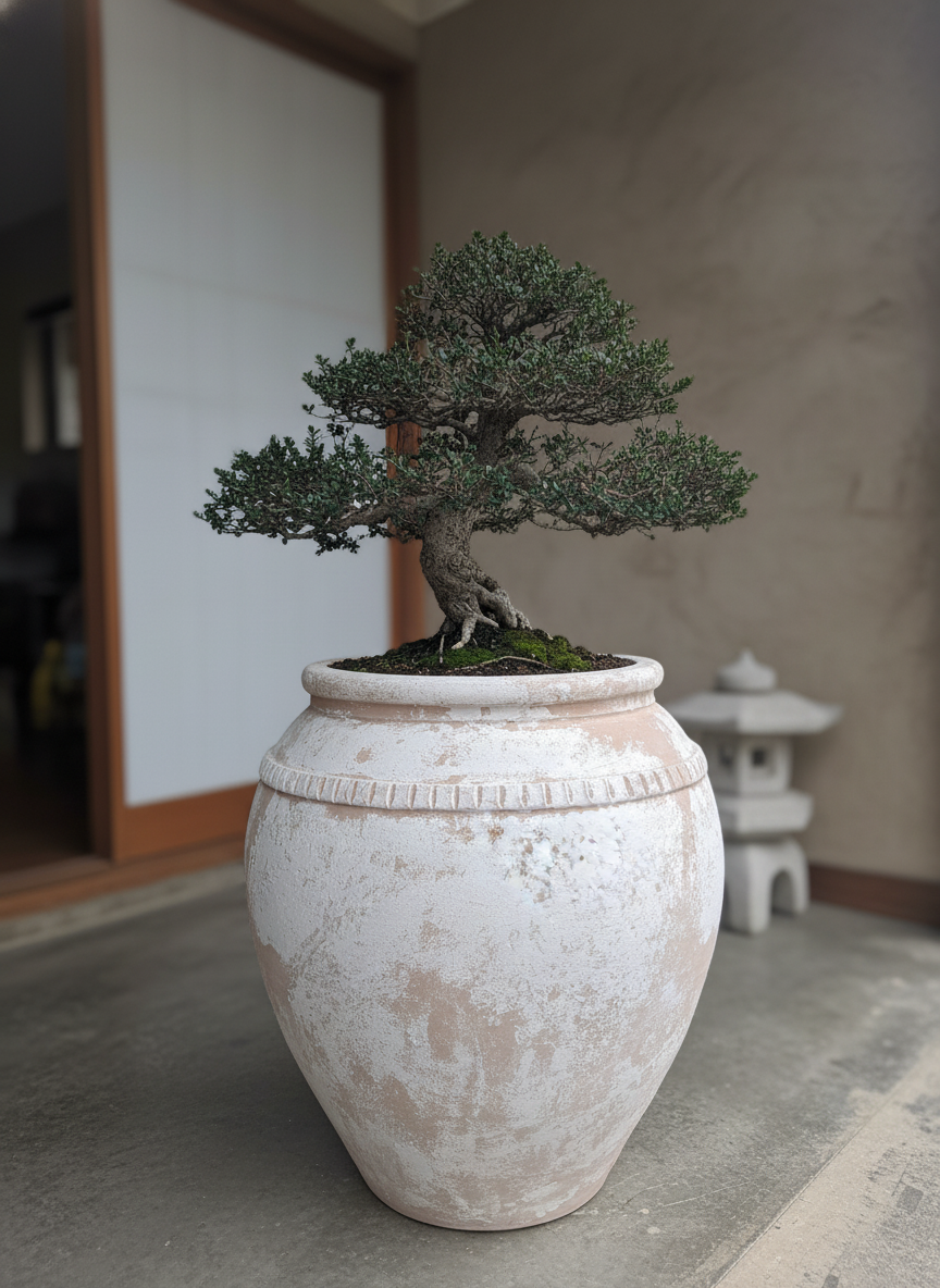 Pot en terre cuite rustique blanc cassé avec bordure décorative texturée