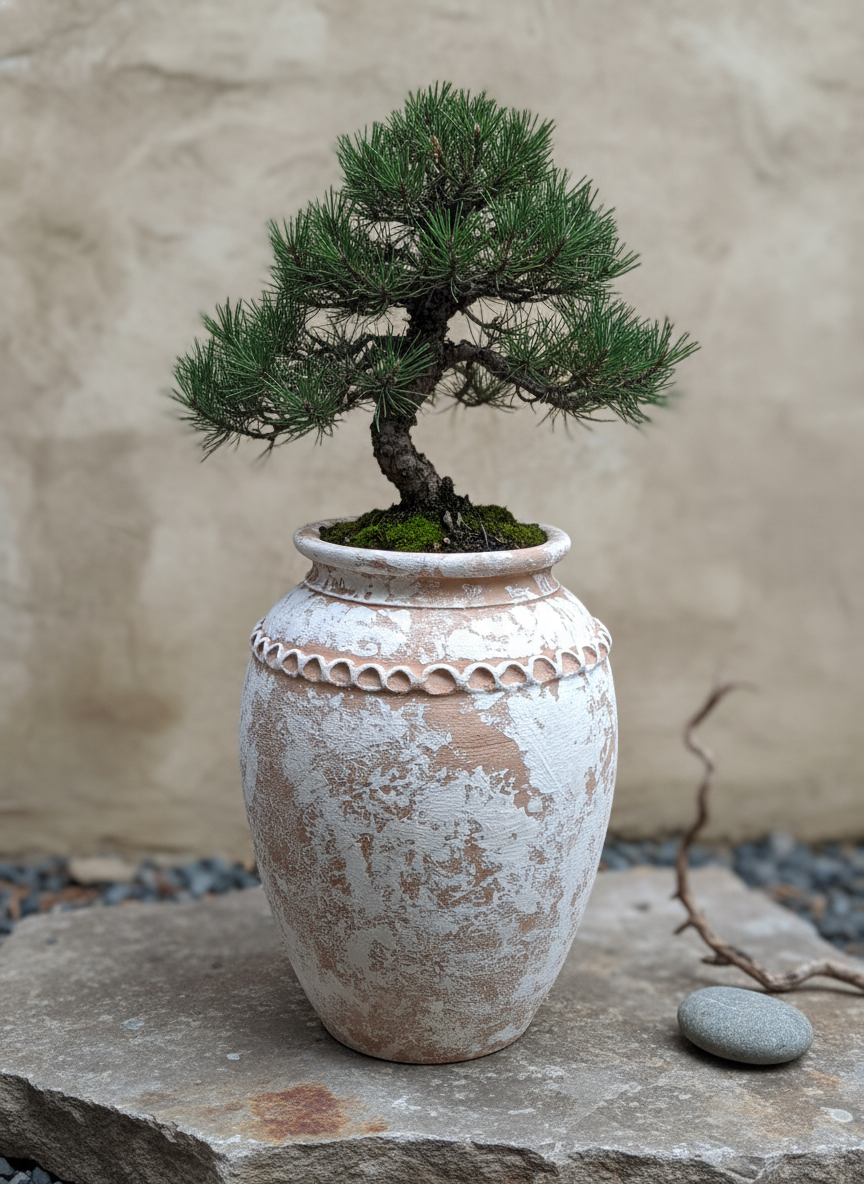 Vaso rustico in terracotta sbiancata con corpo arrotondato e bordo decorativo