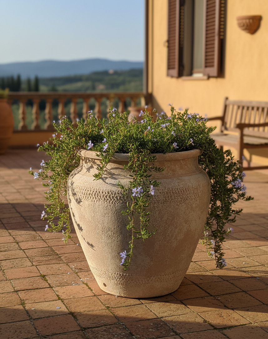 Pot en terre cuite beige rustique à surface texturée et silhouette arrondie