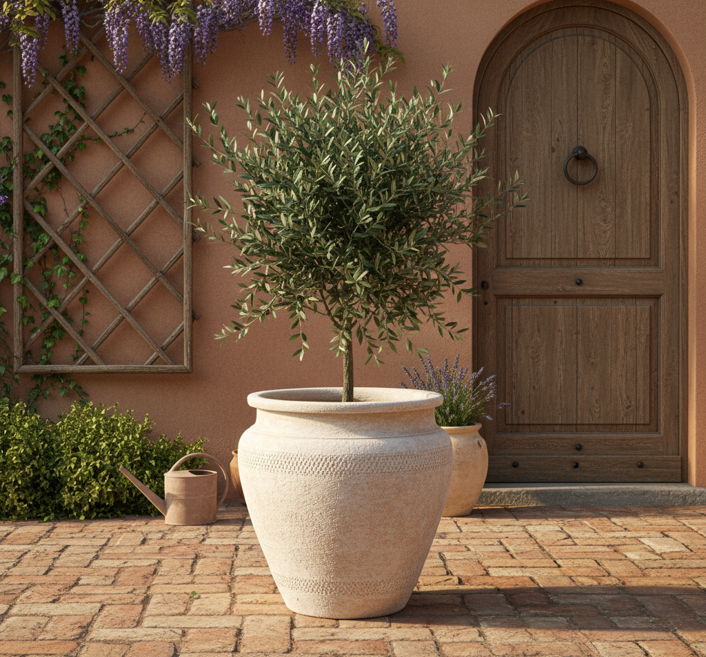Pot en terre cuite beige rustique à surface texturée et silhouette arrondie