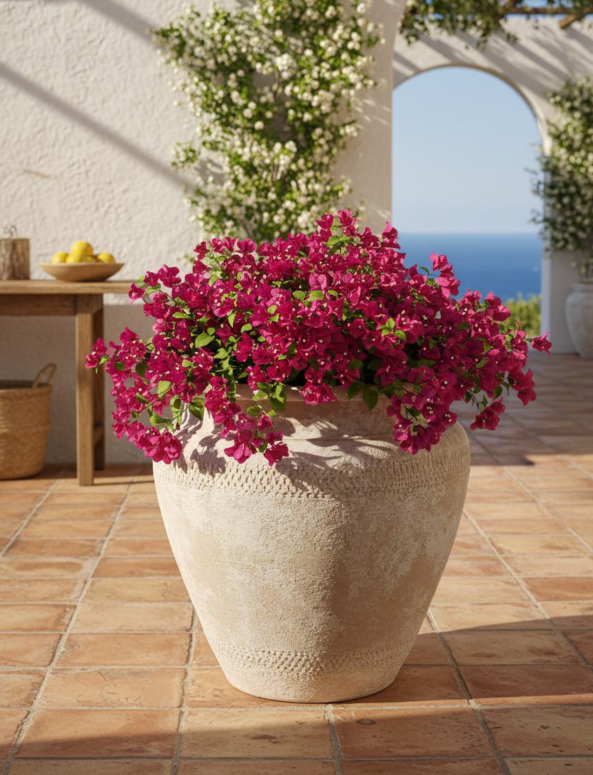 Pot en terre cuite beige rustique à surface texturée et silhouette arrondie