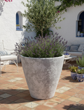 Rustieke lichtgrijze terracotta plantenbak met gestructureerde afwerking en taps toelopende vorm